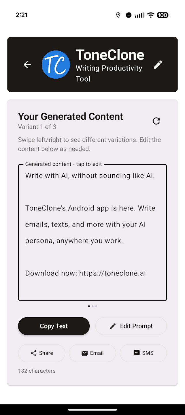 ToneClone Android main page with generated content