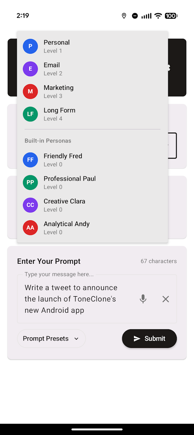 ToneClone persona selection interface