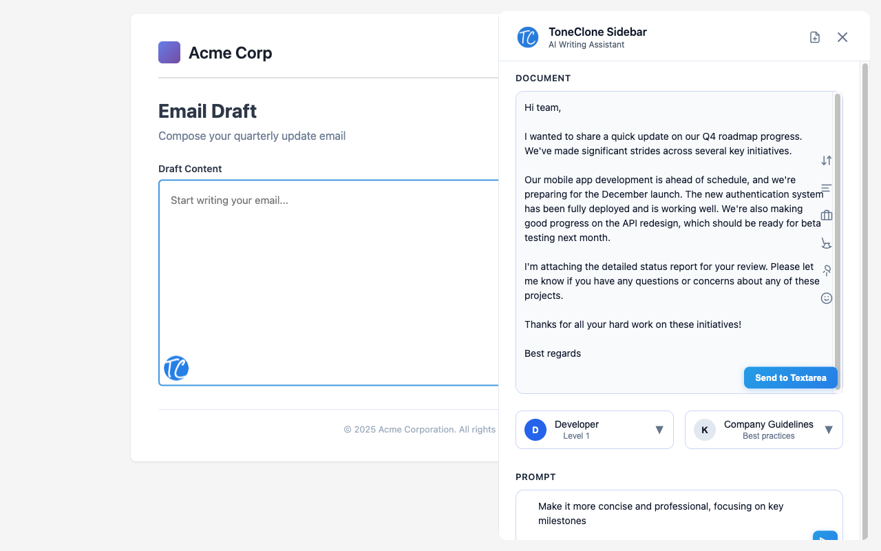 ToneClone browser extension sidebar showing writing interface