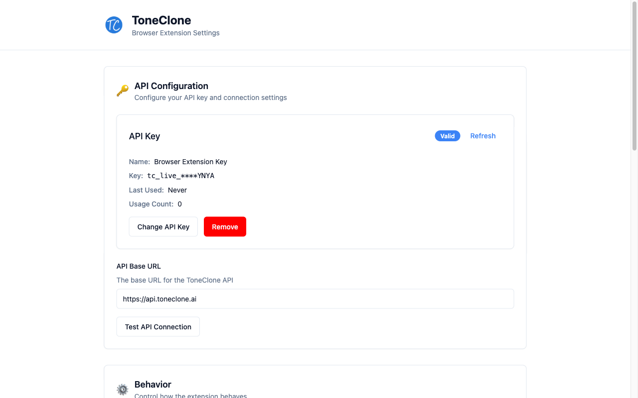 ToneClone extension settings page