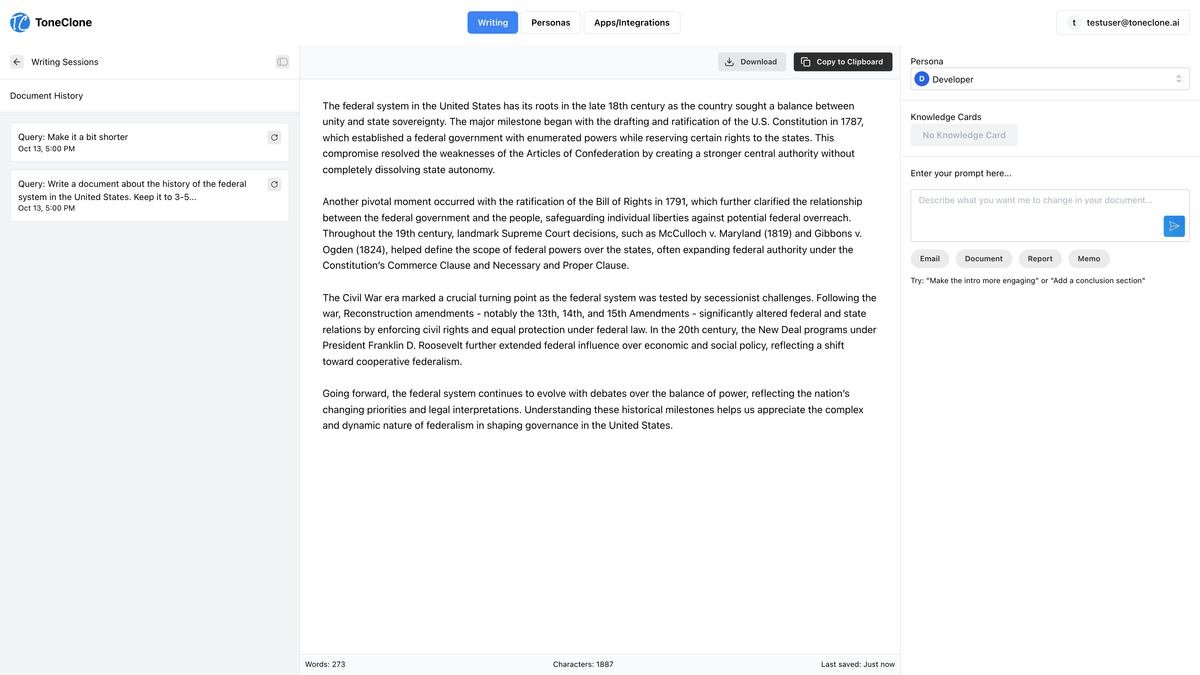 Active document workspace showing revision history and version management