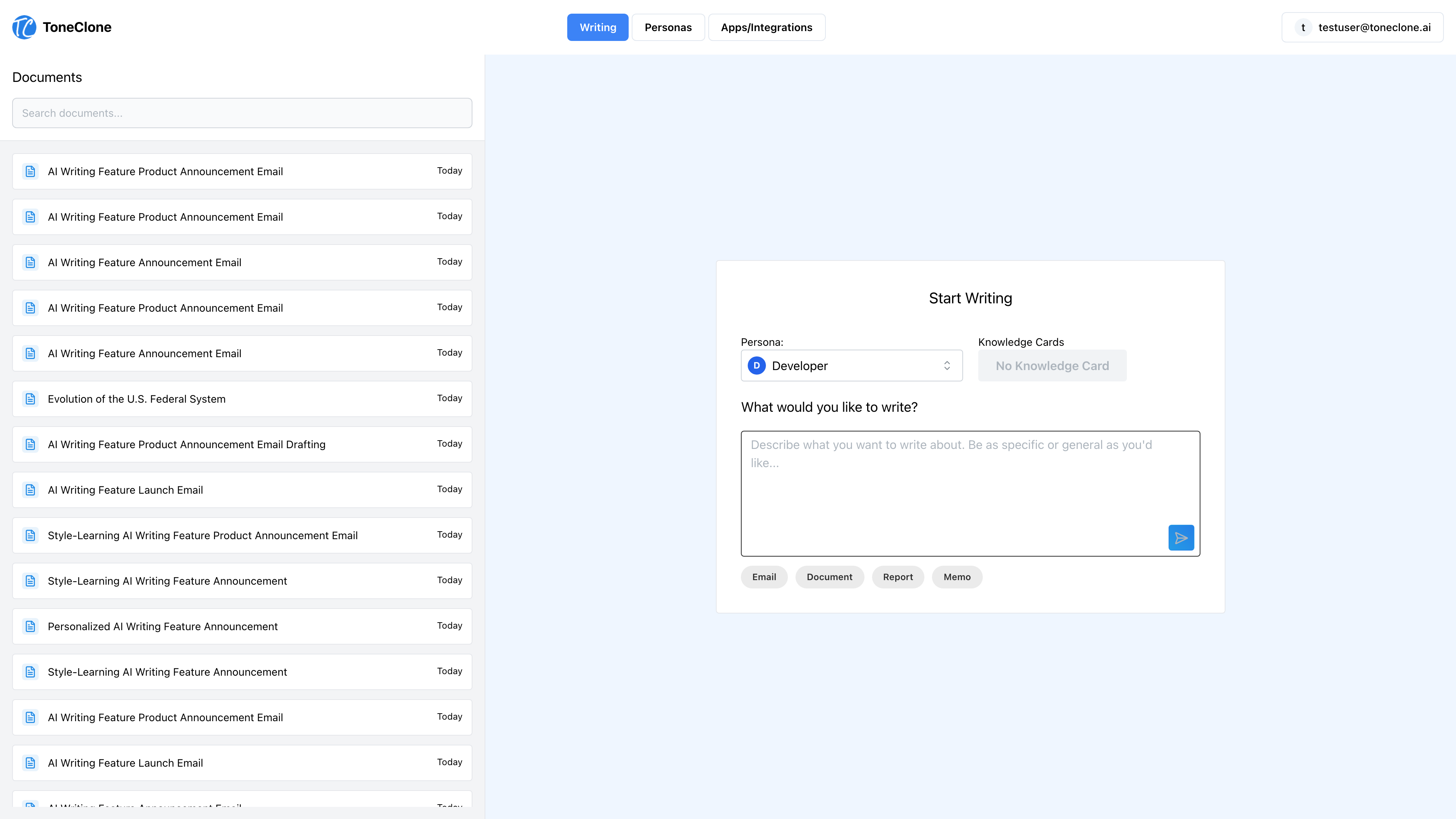 ToneClone web writing canvas showing personas, knowledge cards, and drafting controls