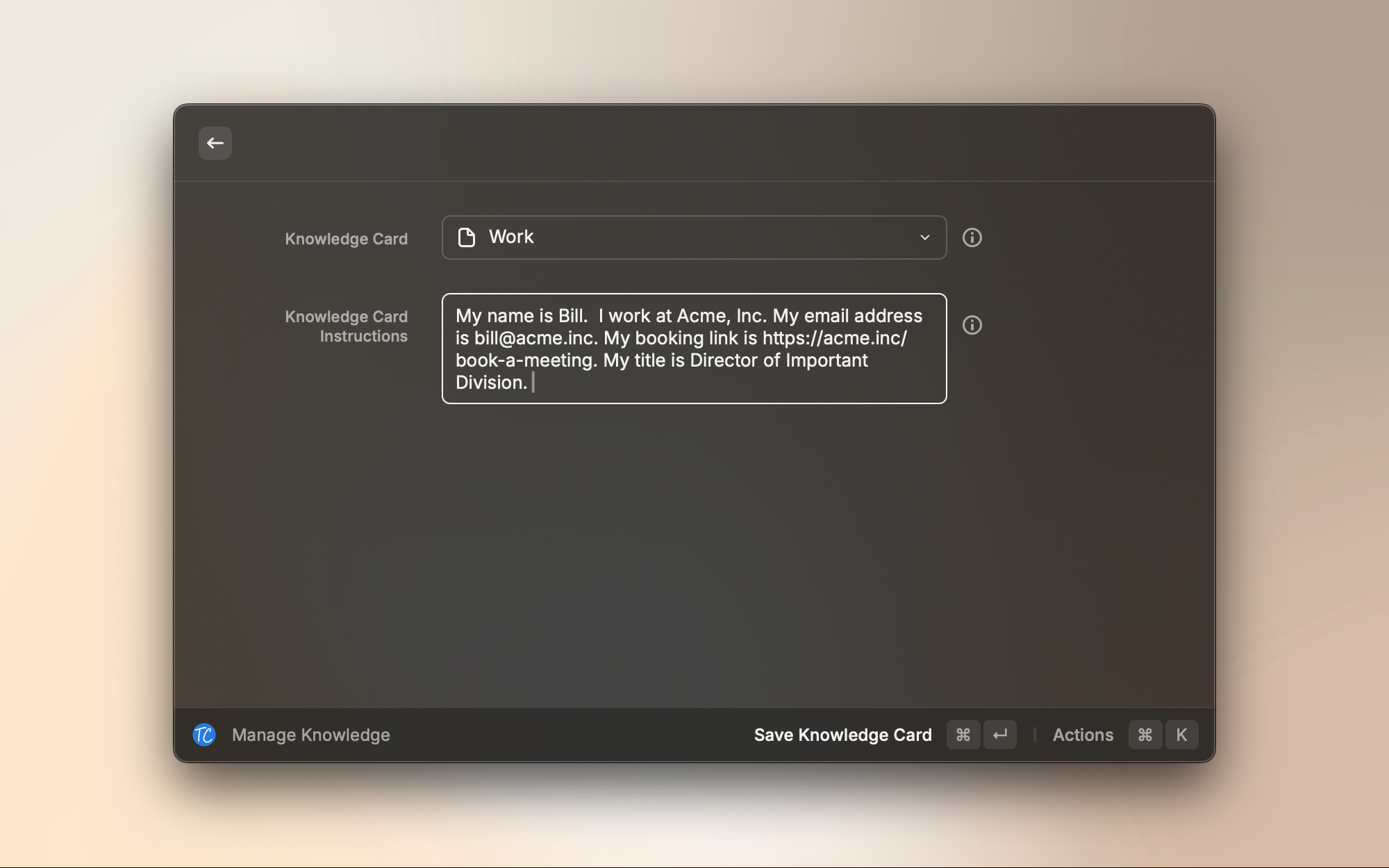 Manage knowledge cards interface