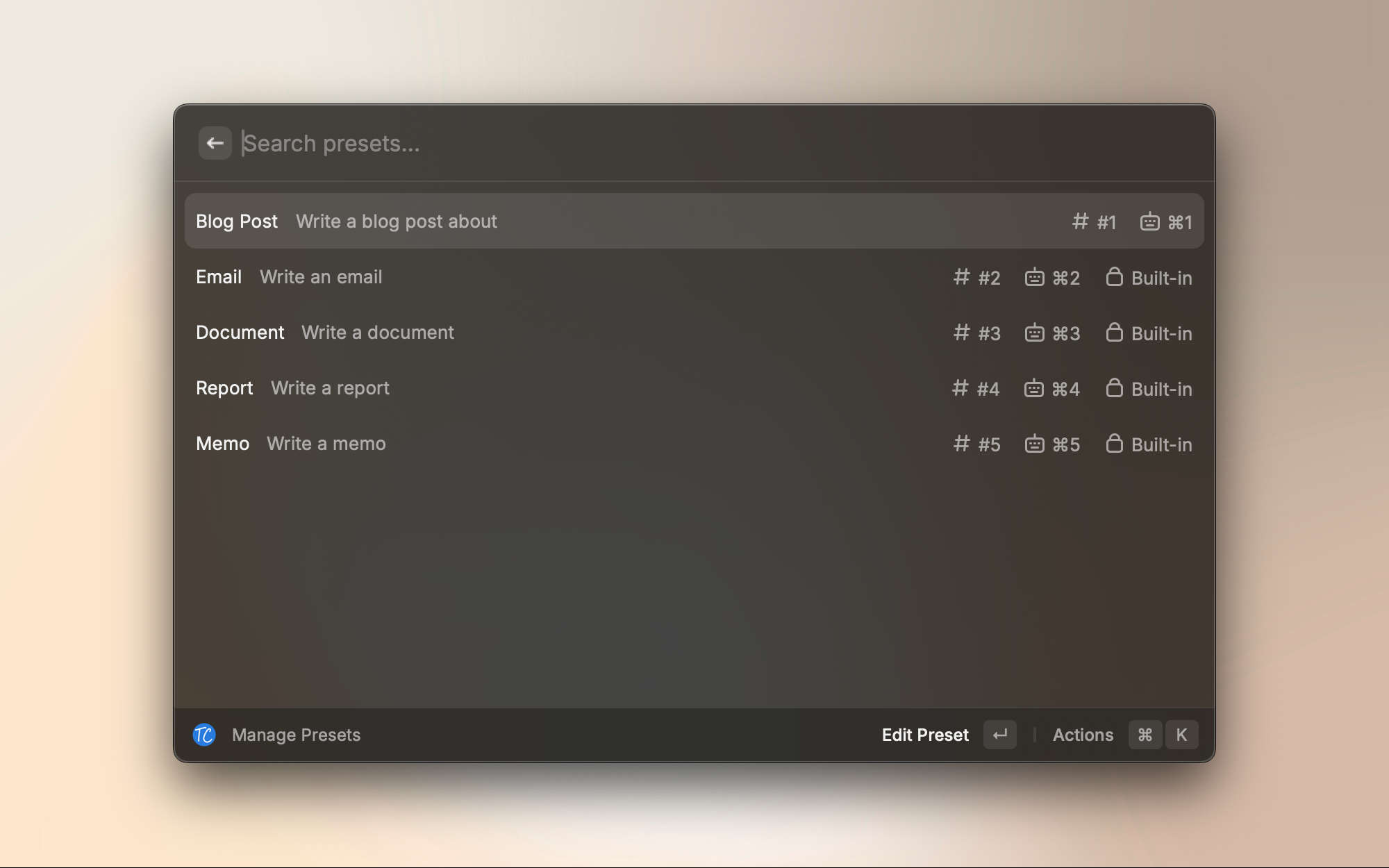 Manage presets for quick writing